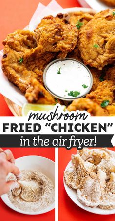 fried chicken in the air fryer is being served with ranch sauce and sour cream