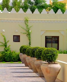 three large planters are lined up in front of a house