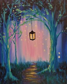 a painting of a lantern hanging from a tree in the middle of a forest at night