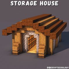 an image of a small storage house made out of wood and bricks with text overlay that reads storage house