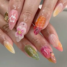 3d Nail Designs, Tropical Nails, Beach Nails, Floral Nails, Nails Inspo, 3d Nails, Flower Nails, Ombre Nails