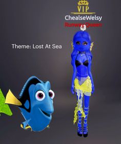 an animated character is standing next to a blue and yellow fish, with the caption's name underneath it