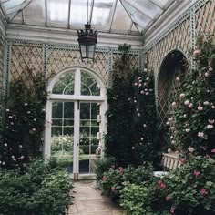 the inside of a greenhouse with roses growing on the walls and in the doorway to the outside