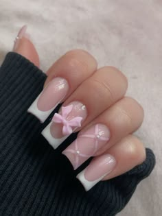 nails, coquette, bow, pearls, white french Nail Inspo 2024 French Tips, Short French Tip Acrylic Nails With Bow, Cute Nails Acrylic With Charms, Acrylic Nail Designs Rhinestones, Girly Acrylic Nails Almond, Nail Inspired Square, Nail Ideas For 10 Yr, Medium Acrylic Nails Pink, Nails With Pink Rhinestones