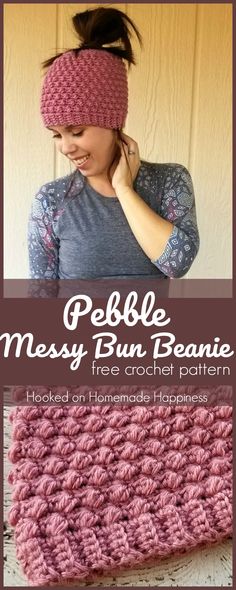 a woman wearing a pink headband with text that reads, pebble messy bun beanie