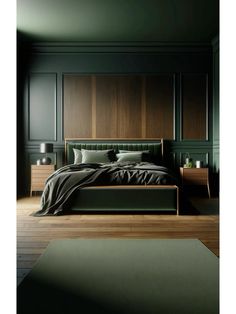 a bedroom with dark green walls and wooden floors, along with a bed in the middle