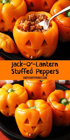 jack - o'lantern stuffed peppers on a black plate