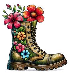 Boots With Flowers, Boot Design, Floral Boots, Flowers Png, Vibrant Flowers, Themed Decor, Rustic Boho, Combat Boot, Boho Dekor