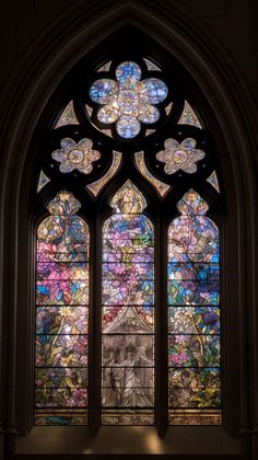 a large stained glass window in a church