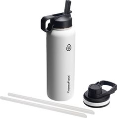 a white water bottle next to two straws and a black lid with thermos on it