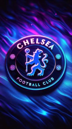 the chelsea football club neon logo on a blue and purple background with swirls around it