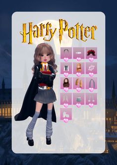 a harry potter doll standing in front of hogwart's castle with her hands on her hips