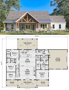 the floor plan for this ranch house is very large and has two master suites on each side