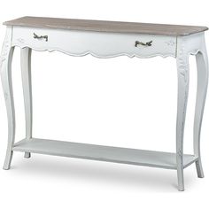 a white console table with drawers on one side and an open drawer on the other