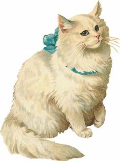 a drawing of a white cat with a blue ribbon around its neck sitting down and looking to the side