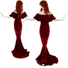 "Glide into your next gala in this stunning red velvet gown! This gown has a ruffled, off shoulder neckline, and is fitted from the waist to knees.  The fishtail hemline flares out with a 13\" puddle train in back. LENGTH: Full length for height of 5' 6\" to 5'8\" with a 13\" puddle train in back.  If your height is different from this, please include it in the \"notes\" section at checkout so we can adjust your length. This item is made to order. Ships out within 5 days of purchase. Womens Sizi Velvet Fitted Dress For Red Carpet, Red Carpet Velvet Fitted Dress, Fitted Red Velvet Floor-length Dress, Fitted Floor-length Red Velvet Dress, Red Fitted Floor-length Velvet Dress, Fitted Velvet Dress With Ruffles For Evening, Fitted Velvet Gown For Prom Season, Red Velvet Gown, Off Shoulder Gown