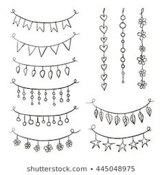 set of hand drawn doodles with hearts and garlands