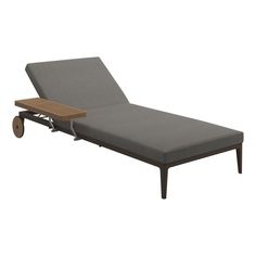 an outdoor chaise lounge chair with wheels on the back and seat, made out of wood