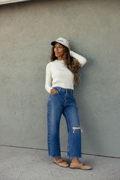 This waffle weave sweater features a cropped hemline and soft and stretchy fabric. We love it paired with jeans, but you can mix it up and get creative with this simple sweater! waffle weave soft and stretchy cropped // paired with the free people deep trance dropped boyfriend jeans + the slow morning club canvas trucker hat Cropped Jeans Winter, Cute But Comfy Outfits, Athleisure Mom, Cropped Jeans Outfit, Laura Jade Stone, Slow Morning, Simple Sweater, Mom Accessories, Fall Fashions