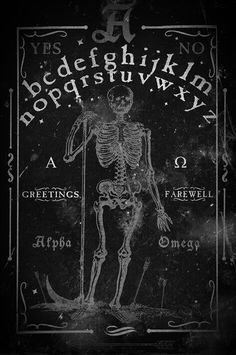 the skeleton is standing in front of an old fashioned alphabet and numbers sign with red ink