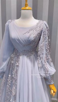 Elegant Dresses Hijab, Sky Blue Gown, Lilac Gown, Birthday Prayer, Muslim Evening Dresses, Long Sleeve Ball Gowns, Bride Dress Simple, Lehenga Designs Simple, Dress Sleeves