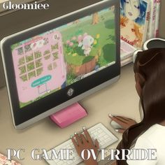 a woman sitting in front of a computer with the caption pc game overridge