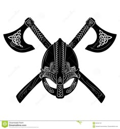 an ancient helmet and two crossed axes in the style of tattoo art on a white background