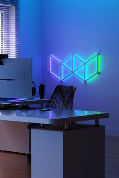 Nanoleaf Lines smart backlit LED light bars in a gaming setup on the wall behind the desk Nanoleaf Lines, Ultimate Gaming Setup, Best Gaming Setup, Led Lighting Bedroom, Gamer Setup, Light Bars, Smart Lights, Desk Set, Diy Installation