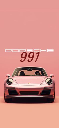 a pink porsche 997 parked in front of a pink background with the words porsche 997