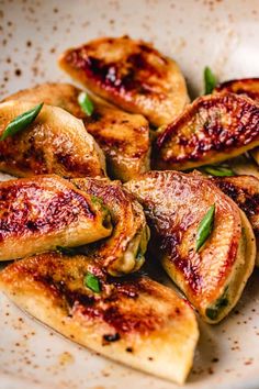 low carb potstickers on a white plate with green garnishes