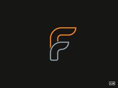 the letter f with an orange and gray outline on a black background, in two different colors