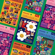 various stickers are shown in different colors and shapes, including hearts, flowers, and teddy bears