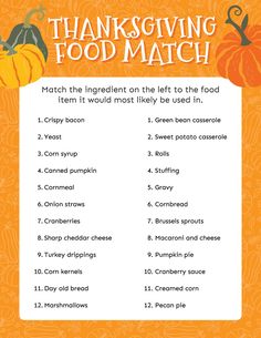 a thanksgiving food match with pumpkins and other things to eat on the table for kids