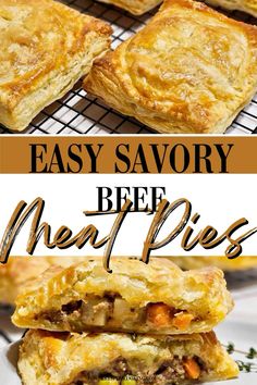 beef and cheese puff pastry on a cooling rack with text overlay that reads easy savory beef meat pies