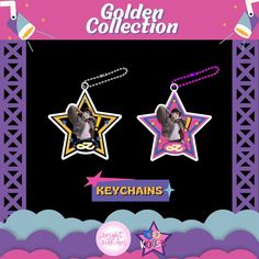 two star shaped keychais with the words golden collection on them and an image of a