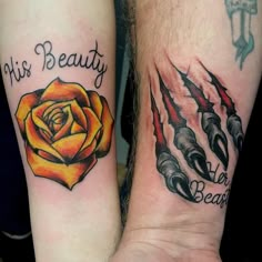 two people with matching tattoos on their arms that say, this beauty and the beast