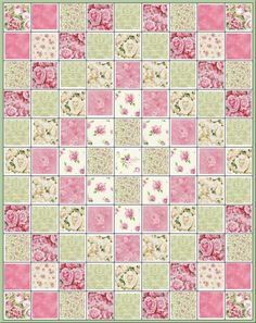 a pink and green patchwork quilt with flowers on the border, in different colors