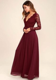 Burgundy Chiffon Long Lace Sleeve Backless Wedding Party Bridesmaid Dr - Princessly Long Sleeve Lace Maxi Dress, Vestidos Color Vino, Lace Top Wedding, Sukienki Maksi, Long Sleeve Bridesmaid Dress, Dresses Club, Long Sleeve Prom, Wedding Vision, Burgundy Prom Dress