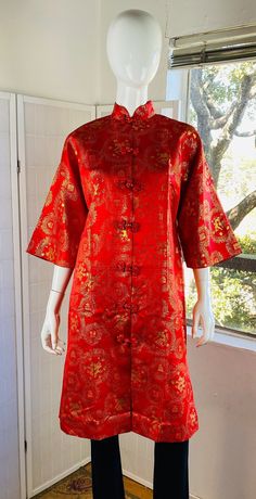 "Mannequin; 4    Vintage Red & Gold Rayon Embroidered Asian Robe w/ Patch Pockets. The Chinese Robe is in good condition, has never worn.  Size; 8  B; 38\"  SL; 18\"  L; 42\"" Cricket In Times Square, Chinese New Year Dress, Chinese Robes, Jacket Inspiration, Webtoon Characters, Jewelry For Girls, Modern Chinese, Asian Culture, Chinese Dress