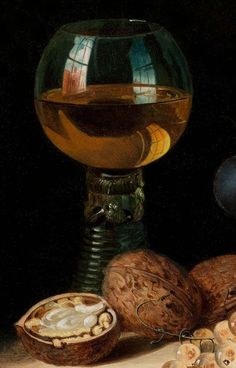 a painting of walnuts and a glass of wine on a table with other items