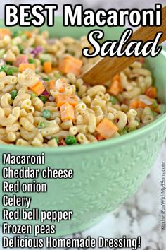 the best macaroni salad recipe in a green bowl