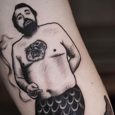 a drawing of a man with a fish on his arm