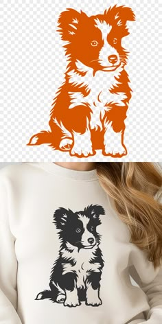 a woman wearing an orange and white shirt with a dog on it's back