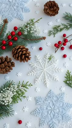 snowflakes, pine cones and berries on a white surface