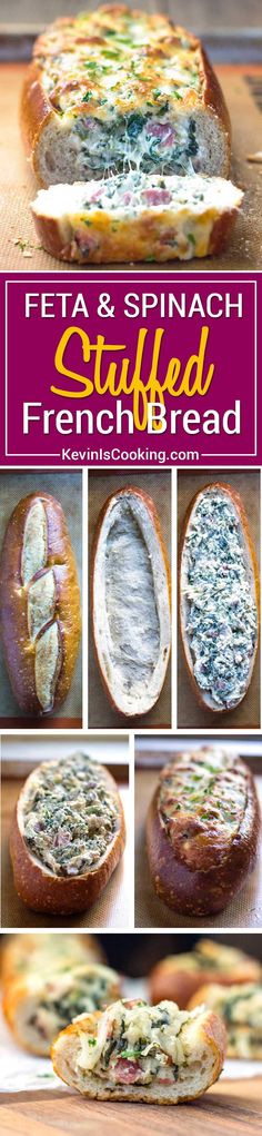 several pictures of different types of breads on a table with the words feta and spinach stuffed french bread