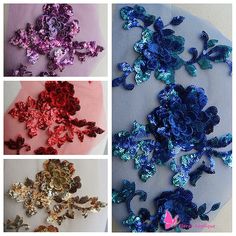 four pictures of different types of sequins and flowers on a white table cloth