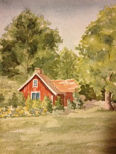 a painting of a red house in the woods