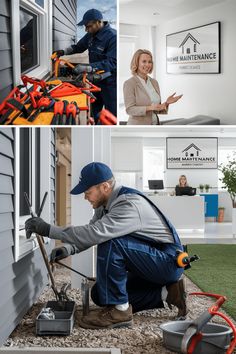 a man working on the side of a house with tools in his hands and an image of a woman standing behind him