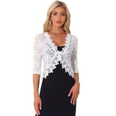 The crochet lace trim front with one button design features in 3/4 sleeve shows your curve and perfect hide arm line. Perfect for daily casual, office wear, wedding guest, cocktail party, evening or formal anywhere. Pair with the casual sleeveless cami tops or elegant spaghetti strap dress for cocktail party, or as a cover up top for summer beach. Elegant Bolero, Lace Shrug, Tie Front Sweater, Shrug For Dresses, Casual Office Wear, Bolero Cardigan, Cardigan White, Crochet Lace Trim, Lace Cardigan