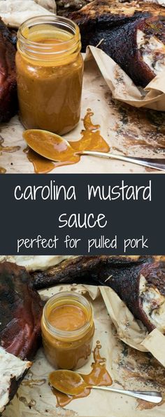 grilled ribs with mustard sauce on top and the words carolina mustard sauce perfect for pulled pork